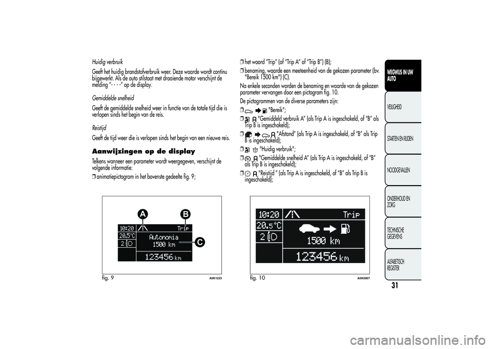 Alfa Romeo Giulietta 2013  Instructieboek (in Dutch) Huidig verbruik
Geeft het huidig brandstofverbruik weer. Deze waarde wordt continu
bijgewerkt. Als de auto stilstaat met draaiende motor verschijnt de
melding “----”opdedisplay.
Gemiddelde snelhei