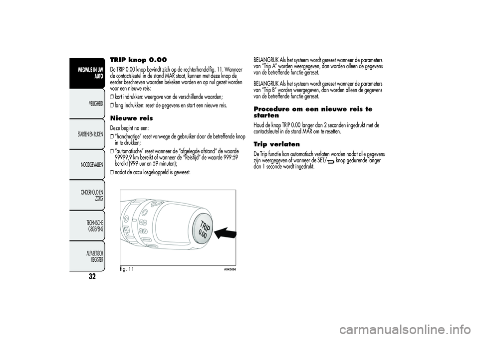 Alfa Romeo Giulietta 2013  Instructieboek (in Dutch) TRIP knop 0.00De TRIP 0.00 knop bevindt zich op de rechterhendelfig. 11. Wanneer
de contactsleutel in de stand MAR staat, kunnen met deze knop de
eerder beschreven waarden bekeken worden en op nul gez