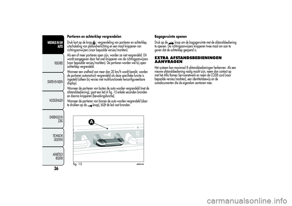 Alfa Romeo Giulietta 2013  Instructieboek (in Dutch) Portieren en achterklep vergrendelen
Druk kort op de knop
: vergrendeling van portieren en achterklep,
uitschakeling van plafondverlichting en een maal knipperen van
richtingaanwijzers (voor bepaalde 