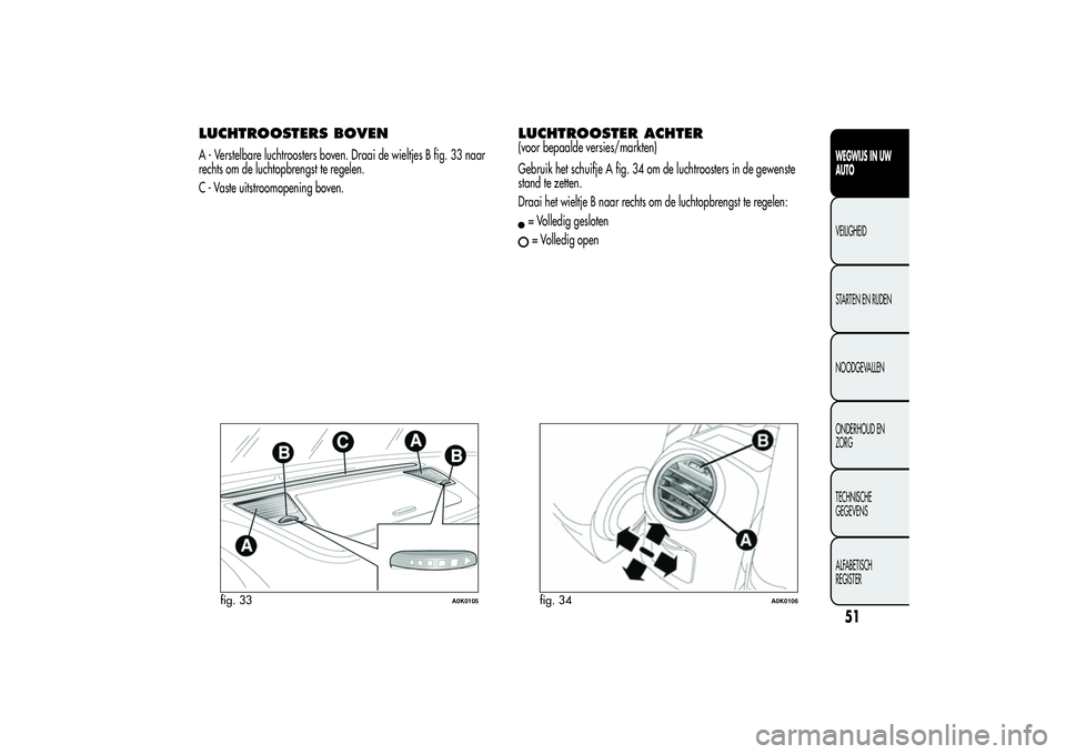 Alfa Romeo Giulietta 2013  Instructieboek (in Dutch) LUCHTROOSTERS BOVENA - Verstelbare luchtroosters boven. Draai de wieltjes B fig. 33 naar
rechts om de luchtopbrengst te regelen.
C - Vaste uitstroomopening boven.
LUCHTROOSTER ACHTER(voor bepaalde ver