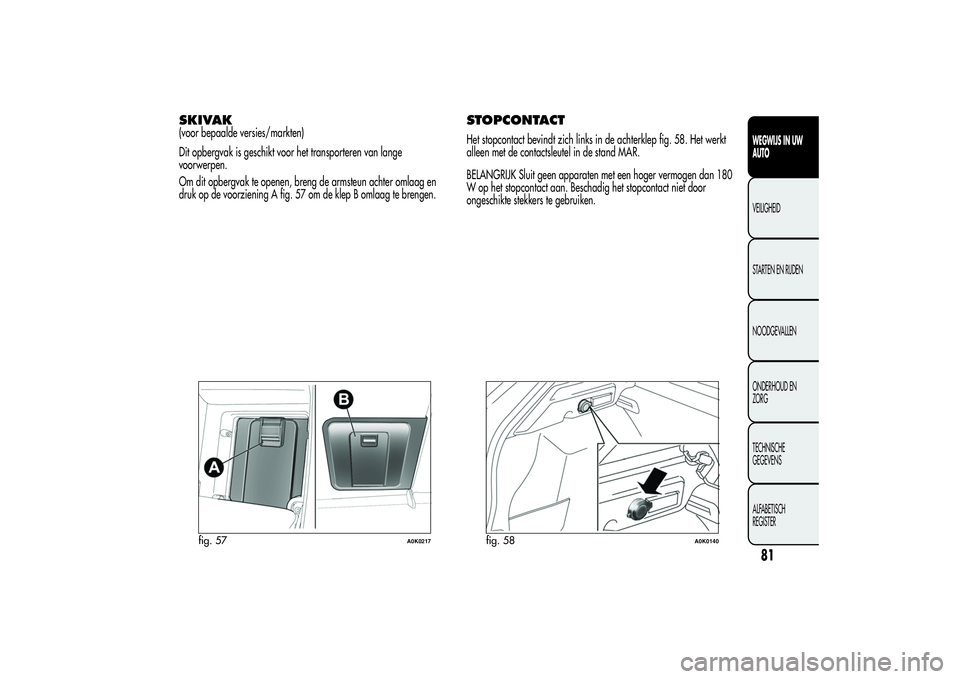 Alfa Romeo Giulietta 2013  Instructieboek (in Dutch) SKIVAK(voor bepaalde versies/markten)
Dit opbergvak is geschikt voor het transporteren van lange
voorwerpen.
Om dit opbergvak te openen, breng de armsteun achter omlaag en
druk op de voorziening A fig