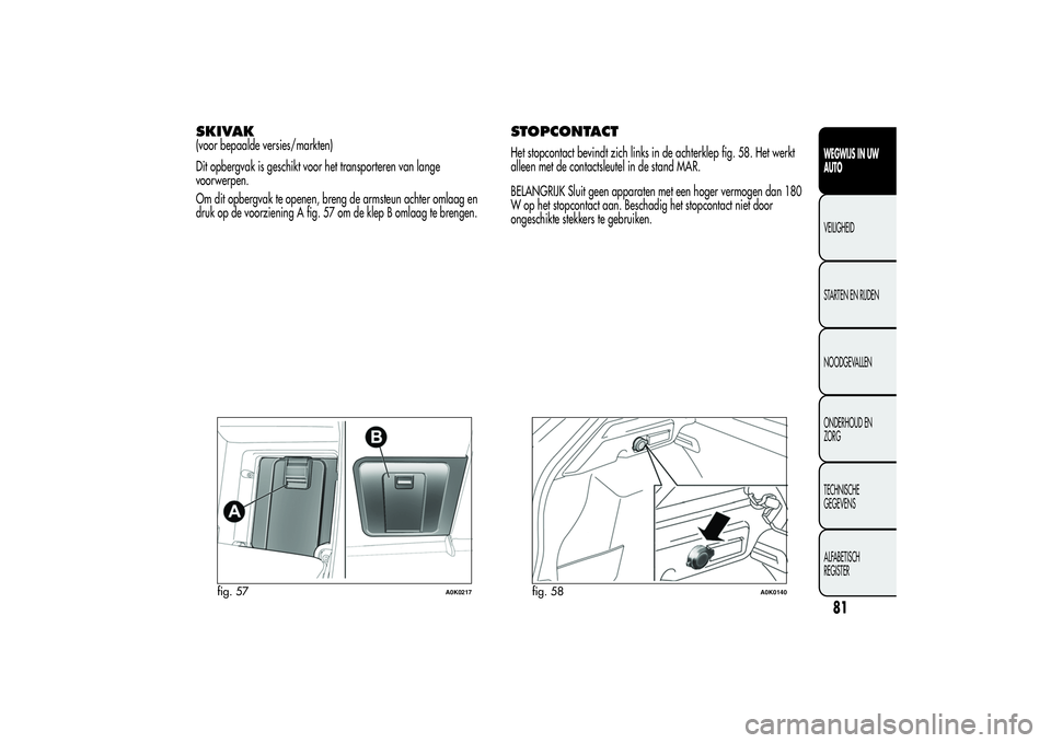 Alfa Romeo Giulietta 2013 Instructieboek (in Dutch) SKIVAK(voor bepaalde versies/markten)
Dit opbergvak is geschikt voor het transporteren van lange
voorwerpen.
Om dit opbergvak te openen, breng de armsteun achter omlaag en
druk op de voorziening A fig Alfa Romeo Giulietta 2013 Instructieboek (in Dutch) SKIVAK(voor bepaalde versies/markten)
Dit opbergvak is geschikt voor het transporteren van lange
voorwerpen.
Om dit opbergvak te openen, breng de armsteun achter omlaag en
druk op de voorziening A fig