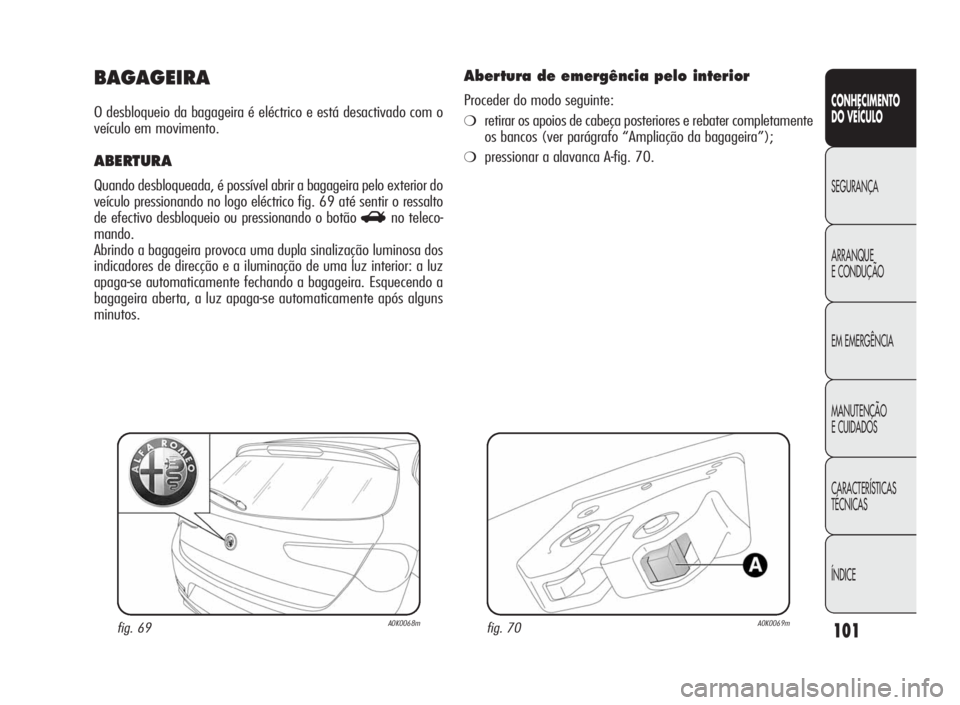 Alfa Romeo Giulietta 2010 Manual de Uso e Manutenção (in Portuguese) 101
CONHECIMENTO
DO VEÍCULO
SEGURANÇA
ARRANQUE
ECONDUÇÃO
EM EMERGÊNCIA
MANUTENÇÃO
E CUIDADOS
CARACTERÍSTICAS
TÉCNICAS
ÍNDICE
BAGAGEIRA
O desbloqueio da bagageira é eléctrico e está desact Alfa Romeo Giulietta 2010 Manual de Uso e Manutenção (in Portuguese) 101
CONHECIMENTO
DO VEÍCULO
SEGURANÇA
ARRANQUE
ECONDUÇÃO
EM EMERGÊNCIA
MANUTENÇÃO
E CUIDADOS
CARACTERÍSTICAS
TÉCNICAS
ÍNDICE
BAGAGEIRA
O desbloqueio da bagageira é eléctrico e está desact