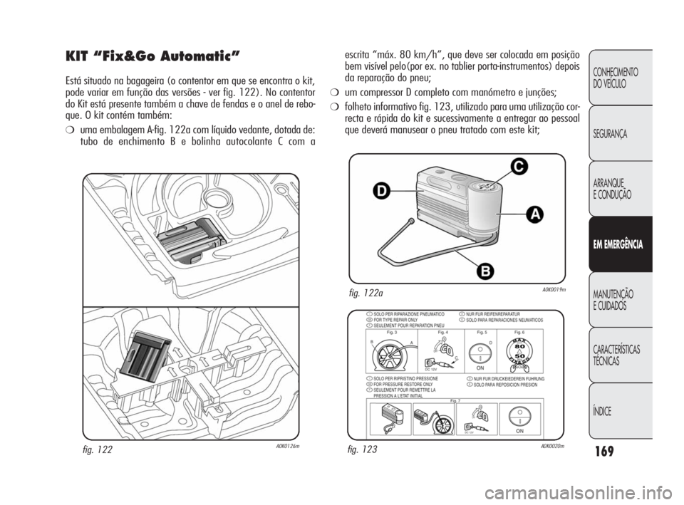 Alfa Romeo Giulietta 2010  Manual de Uso e Manutenção (in Portuguese) 169
CONHECIMENTO 
DO VEÍCULO
SEGURANÇA
ARRANQUE
E CONDUÇÃO
EM EMERGÊNCIA
MANUTENÇÃO
E CUIDADOS
CARACTERÍSTICAS 
TÉCNICAS
ÍNDICE
KIT “Fix&Go Automatic”
Está situado na bagageira (o conte