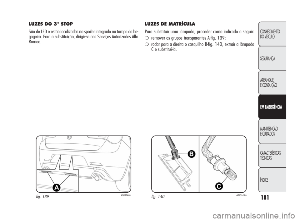 Alfa Romeo Giulietta 2010 Manual de Uso e Manutenção (in Portuguese) 181
CONHECIMENTO
DO VEÍCULO
SEGURANÇA
ARRANQUE
E CONDUÇÃO
EM EMERGÊNCIA
MANUTENÇÃO
E CUIDADOS
CARACTERÍSTICAS
TÉCNICAS
ÍNDICE
LUZES DO 3° STOP
São de LED e estão localizadas no spoiler Alfa Romeo Giulietta 2010 Manual de Uso e Manutenção (in Portuguese) 181
CONHECIMENTO
DO VEÍCULO
SEGURANÇA
ARRANQUE
E CONDUÇÃO
EM EMERGÊNCIA
MANUTENÇÃO
E CUIDADOS
CARACTERÍSTICAS
TÉCNICAS
ÍNDICE
LUZES DO 3° STOP
São de LED e estão localizadas no spoiler