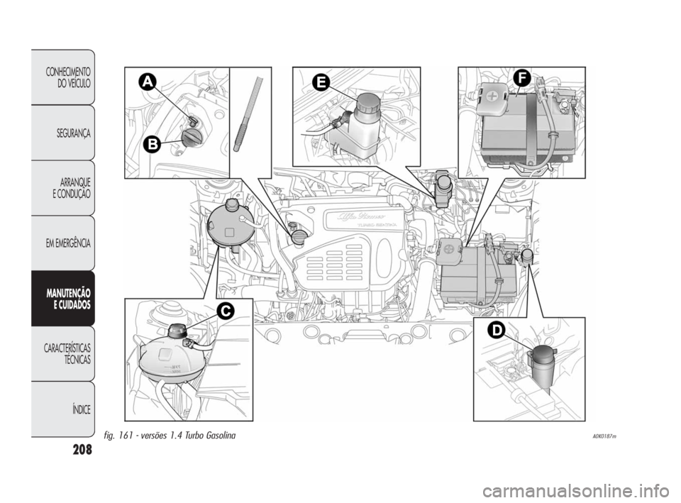 Alfa Romeo Giulietta 2010  Manual de Uso e Manutenção (in Portuguese) 208
CONHECIMENTO 
DO VEÍCULO
SEGURANÇA
ARRANQUE
E CONDUÇÃO
EM EMERGÊNCIA
MANUTENÇÃO
E CUIDADOS
CARACTERÍSTICAS 
TÉCNICAS
ÍNDICE
A0K0187mfig. 161 - versões 1.4 Turbo Gasolina
199-224 Alfa Gi