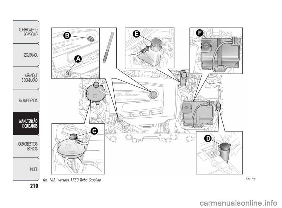 Alfa Romeo Giulietta 2010  Manual de Uso e Manutenção (in Portuguese) 210
CONHECIMENTO 
DO VEÍCULO
SEGURANÇA
ARRANQUE
E CONDUÇÃO
EM EMERGÊNCIA
MANUTENÇÃO
E CUIDADOS
CARACTERÍSTICAS 
TÉCNICAS
ÍNDICE
A0K0191mfig. 163 - versões 1750 Turbo Gasolina
199-224 Alfa G