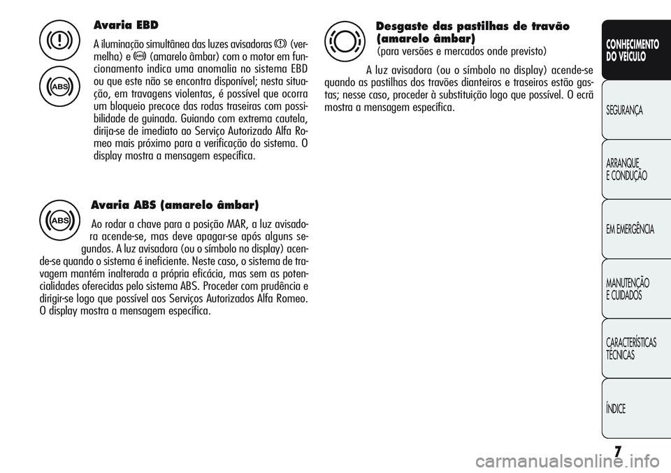 Alfa Romeo Giulietta 2011 Manual de Uso e Manutenção (in Portuguese) 7
CONHECIMENTO
DO VEÍCULO
SEGURANÇA
ARRANQUE
E CONDUÇÃO
EM EMERGÊNCIA
MANUTENÇÃO
E CUIDADOS
CARACTERÍSTICAS
TÉCNICAS
ÍNDICE
Avaria EBD
A iluminação simultânea das luzes avisadoras x(ver-
Alfa Romeo Giulietta 2011 Manual de Uso e Manutenção (in Portuguese) 7
CONHECIMENTO
DO VEÍCULO
SEGURANÇA
ARRANQUE
E CONDUÇÃO
EM EMERGÊNCIA
MANUTENÇÃO
E CUIDADOS
CARACTERÍSTICAS
TÉCNICAS
ÍNDICE
Avaria EBD
A iluminação simultânea das luzes avisadoras x(ver-