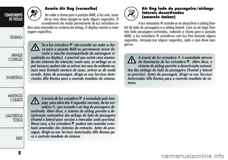 Alfa Romeo Giulietta 2011 Manual de Uso e Manutenção (in Portuguese) 8
CONHECIMENTO
DO VEÍCULO
SEGURANÇA
ARRANQUE
E CONDUÇÃO
EM EMERGÊNCIA
MANUTENÇÃO
E CUIDADOS
CARACTERÍSTICAS
TÉCNICAS
ÍNDICE
Avaria Air Bag (vermelha)
Ao rodar a chave para a posição MAR, a Alfa Romeo Giulietta 2011 Manual de Uso e Manutenção (in Portuguese) 8
CONHECIMENTO
DO VEÍCULO
SEGURANÇA
ARRANQUE
E CONDUÇÃO
EM EMERGÊNCIA
MANUTENÇÃO
E CUIDADOS
CARACTERÍSTICAS
TÉCNICAS
ÍNDICE
Avaria Air Bag (vermelha)
Ao rodar a chave para a posição MAR, a