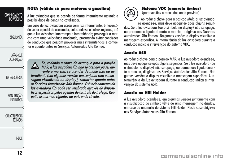 Alfa Romeo Giulietta 2012  Manual de Uso e Manutenção (in Portuguese) 12
CONHECIMENTO
DO VEÍCULO
SEGURANÇA
ARRANQUE
E CONDUÇÃO
EM EMERGÊNCIA
MANUTENÇÃO
E CUIDADOS
CARACTERÍSTICAS
TÉCNICAS
ÍNDICE
Sistema VDC (amarelo âmbar)
(para versões e mercados onde previ