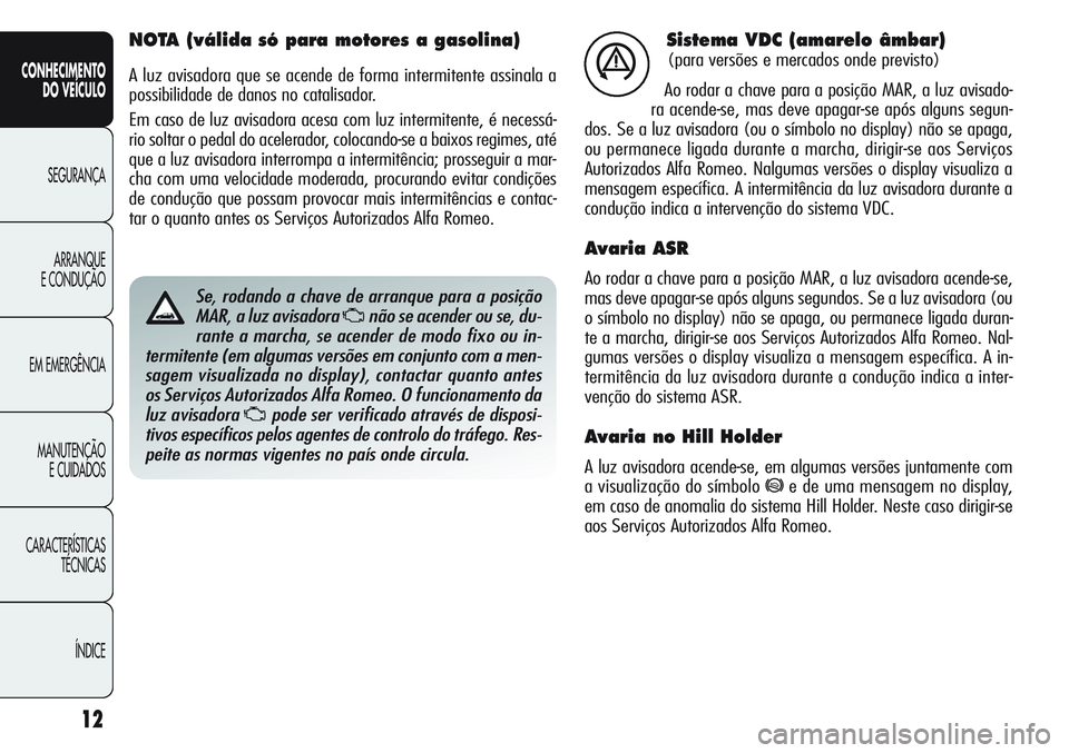 Alfa Romeo Giulietta 2011 Manual de Uso e Manutenção (in Portuguese) 12
CONHECIMENTO
DO VEÍCULO
SEGURANÇA
ARRANQUE
E CONDUÇÃO
EM EMERGÊNCIA
MANUTENÇÃO
E CUIDADOS
CARACTERÍSTICAS
TÉCNICAS
ÍNDICE
Sistema VDC (amarelo âmbar)
(para versões e mercados onde previ Alfa Romeo Giulietta 2011 Manual de Uso e Manutenção (in Portuguese) 12
CONHECIMENTO
DO VEÍCULO
SEGURANÇA
ARRANQUE
E CONDUÇÃO
EM EMERGÊNCIA
MANUTENÇÃO
E CUIDADOS
CARACTERÍSTICAS
TÉCNICAS
ÍNDICE
Sistema VDC (amarelo âmbar)
(para versões e mercados onde previ