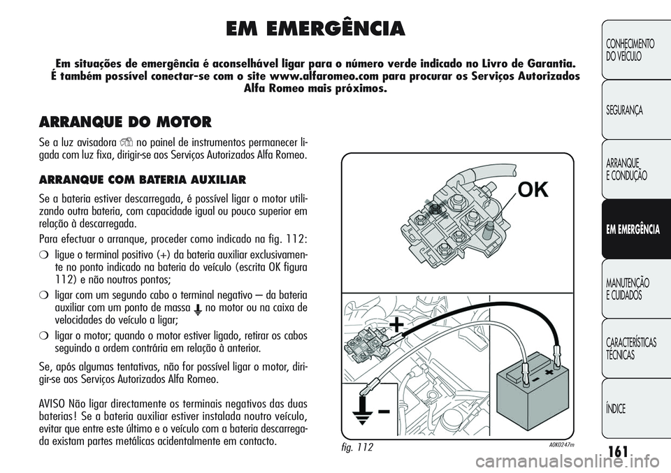 Alfa Romeo Giulietta 2012  Manual de Uso e Manutenção (in Portuguese) 161
CONHECIMENTO
DO VEÍCULO
SEGURANÇA
ARRANQUE
E CONDUÇÃO
EM EMERGÊNCIA
MANUTENÇÃO
E CUIDADOS
CARACTERÍSTICAS
TÉCNICAS
ÍNDICE
EM EMERGÊNCIA
Em situações de emergência é aconselhável li