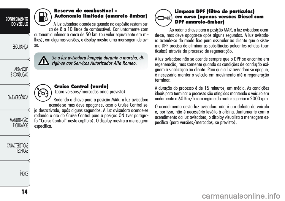 Alfa Romeo Giulietta 2011 Manual de Uso e Manutenção (in Portuguese) 14
CONHECIMENTO
DO VEÍCULO
SEGURANÇA
ARRANQUE
E CONDUÇÃO
EM EMERGÊNCIA
MANUTENÇÃO
E CUIDADOS
CARACTERÍSTICAS
TÉCNICAS
ÍNDICE
Reser va de combustível –
Autonomia limitada (amarelo âmbar) Alfa Romeo Giulietta 2011 Manual de Uso e Manutenção (in Portuguese) 14
CONHECIMENTO
DO VEÍCULO
SEGURANÇA
ARRANQUE
E CONDUÇÃO
EM EMERGÊNCIA
MANUTENÇÃO
E CUIDADOS
CARACTERÍSTICAS
TÉCNICAS
ÍNDICE
Reser va de combustível –
Autonomia limitada (amarelo âmbar)