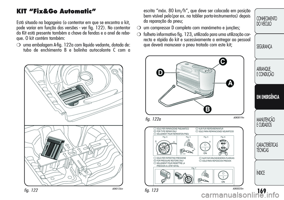 Alfa Romeo Giulietta 2011 Manual de Uso e Manutenção (in Portuguese) 169
CONHECIMENTO
DO VEÍCULO
SEGURANÇA
ARRANQUE
E CONDUÇÃO
EM EMERGÊNCIA
MANUTENÇÃO
E CUIDADOS
CARACTERÍSTICAS
TÉCNICAS
ÍNDICE
KIT “Fix&Go Automatic”
Está situado na bagageira (o content Alfa Romeo Giulietta 2011 Manual de Uso e Manutenção (in Portuguese) 169
CONHECIMENTO
DO VEÍCULO
SEGURANÇA
ARRANQUE
E CONDUÇÃO
EM EMERGÊNCIA
MANUTENÇÃO
E CUIDADOS
CARACTERÍSTICAS
TÉCNICAS
ÍNDICE
KIT “Fix&Go Automatic”
Está situado na bagageira (o content