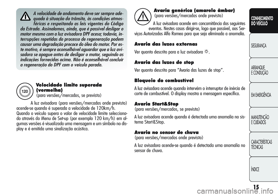 Alfa Romeo Giulietta 2011 Manual de Uso e Manutenção (in Portuguese) 15
CONHECIMENTO
DO VEÍCULO
SEGURANÇA
ARRANQUE
E CONDUÇÃO
EM EMERGÊNCIA
MANUTENÇÃO
E CUIDADOS
CARACTERÍSTICAS
TÉCNICAS
ÍNDICE
Velocidade limite superada
(vermelha)
(para versões/mercados, s Alfa Romeo Giulietta 2011 Manual de Uso e Manutenção (in Portuguese) 15
CONHECIMENTO
DO VEÍCULO
SEGURANÇA
ARRANQUE
E CONDUÇÃO
EM EMERGÊNCIA
MANUTENÇÃO
E CUIDADOS
CARACTERÍSTICAS
TÉCNICAS
ÍNDICE
Velocidade limite superada
(vermelha)
(para versões/mercados, s