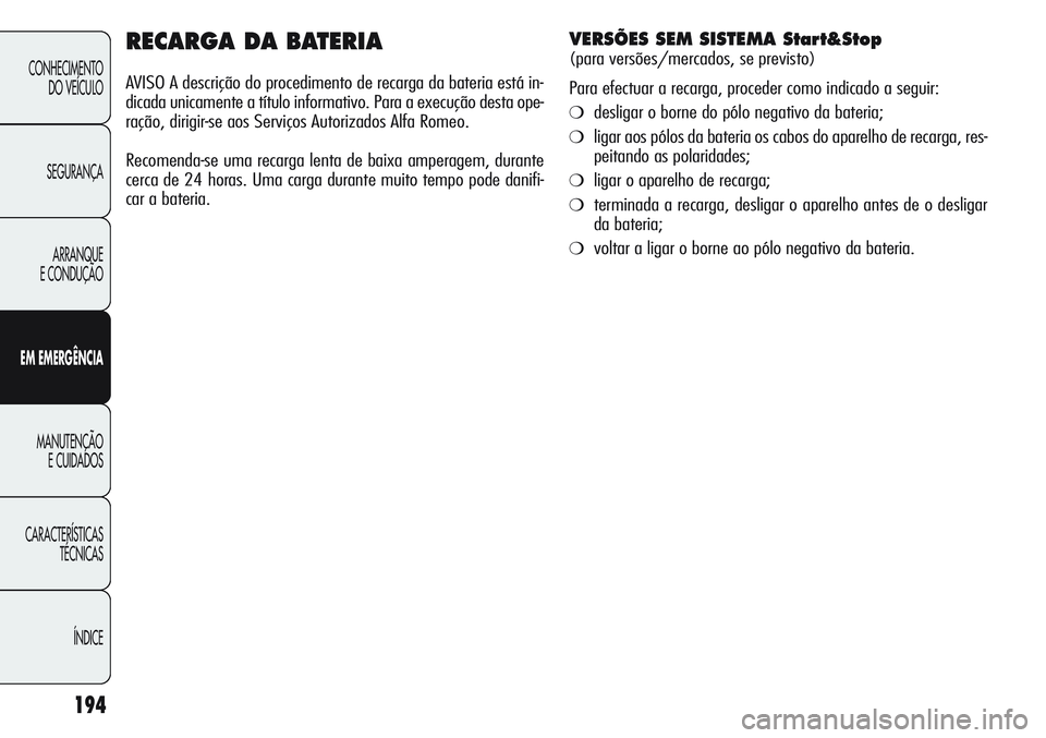 Alfa Romeo Giulietta 2011 Manual de Uso e Manutenção (in Portuguese) 194
CONHECIMENTO
DO VEÍCULO
SEGURANÇA
ARRANQUE
E CONDUÇÃO
EM EMERGÊNCIA
MANUTENÇÃO
E CUIDADOS
CARACTERÍSTICAS
TÉCNICAS
ÍNDICE
RECARGA DA BATERIA
AVISO A descrição do procedimento de recarg Alfa Romeo Giulietta 2011 Manual de Uso e Manutenção (in Portuguese) 194
CONHECIMENTO
DO VEÍCULO
SEGURANÇA
ARRANQUE
E CONDUÇÃO
EM EMERGÊNCIA
MANUTENÇÃO
E CUIDADOS
CARACTERÍSTICAS
TÉCNICAS
ÍNDICE
RECARGA DA BATERIA
AVISO A descrição do procedimento de recarg