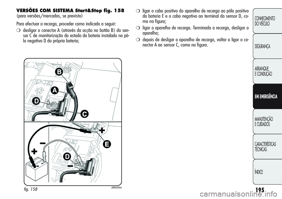 Alfa Romeo Giulietta 2011 Manual de Uso e Manutenção (in Portuguese) 195
CONHECIMENTO
DO VEÍCULO
SEGURANÇA
ARRANQUE
E CONDUÇÃO
EM EMERGÊNCIA
MANUTENÇÃO
E CUIDADOS
CARACTERÍSTICAS
TÉCNICAS
ÍNDICE
VERSÕES COM SISTEMA Start&Stop fig. 158
(para versões/mercados Alfa Romeo Giulietta 2011 Manual de Uso e Manutenção (in Portuguese) 195
CONHECIMENTO
DO VEÍCULO
SEGURANÇA
ARRANQUE
E CONDUÇÃO
EM EMERGÊNCIA
MANUTENÇÃO
E CUIDADOS
CARACTERÍSTICAS
TÉCNICAS
ÍNDICE
VERSÕES COM SISTEMA Start&Stop fig. 158
(para versões/mercados