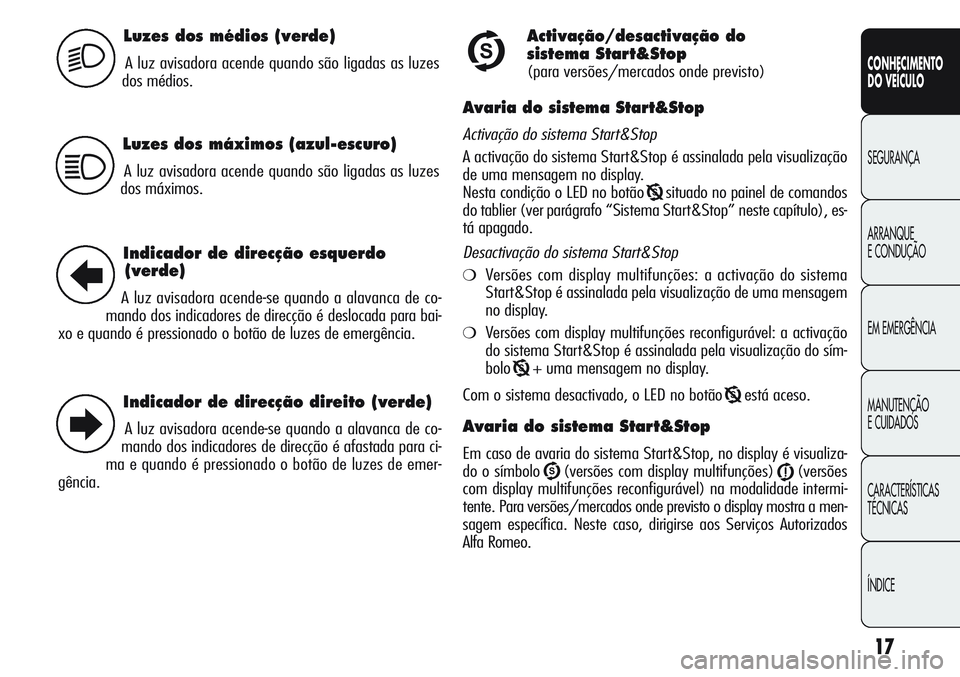 Alfa Romeo Giulietta 2012  Manual de Uso e Manutenção (in Portuguese) 17
CONHECIMENTO
DO VEÍCULO
SEGURANÇA
ARRANQUE
E CONDUÇÃO
EM EMERGÊNCIA
MANUTENÇÃO
E CUIDADOS
CARACTERÍSTICAS
TÉCNICAS
ÍNDICE
Luzes dos médios (verde)
A luz avisadora acende quando são liga