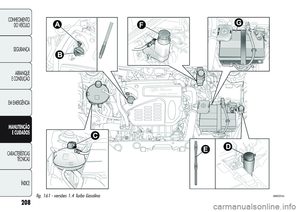 Alfa Romeo Giulietta 2011 Manual de Uso e Manutenção (in Portuguese) 208
CONHECIMENTO
DO VEÍCULO
SEGURANÇA
ARRANQUE
E CONDUÇÃO
EM EMERGÊNCIA
MANUTENÇÃO
E CUIDADOS
CARACTERÍSTICAS
TÉCNICAS
ÍNDICE
fig. 161 - versões 1.4 Turbo GasolinaA0K0335m Alfa Romeo Giulietta 2011 Manual de Uso e Manutenção (in Portuguese) 208
CONHECIMENTO
DO VEÍCULO
SEGURANÇA
ARRANQUE
E CONDUÇÃO
EM EMERGÊNCIA
MANUTENÇÃO
E CUIDADOS
CARACTERÍSTICAS
TÉCNICAS
ÍNDICE
fig. 161 - versões 1.4 Turbo GasolinaA0K0335m