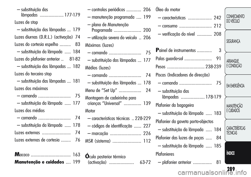 Alfa Romeo Giulietta 2011  Manual de Uso e Manutenção (in Portuguese) 289
CONHECIMENTO
DO VEÍCULO
SEGURANÇA
ARRANQUE
E CONDUÇÃO
EM EMERGÊNCIA
MANUTENÇÃO
E CUIDADOS
CARACTERÍSTICAS
TÉCNICAS
ÍNDICE
– substituição das 
lâmpadas...................177-179
Luze