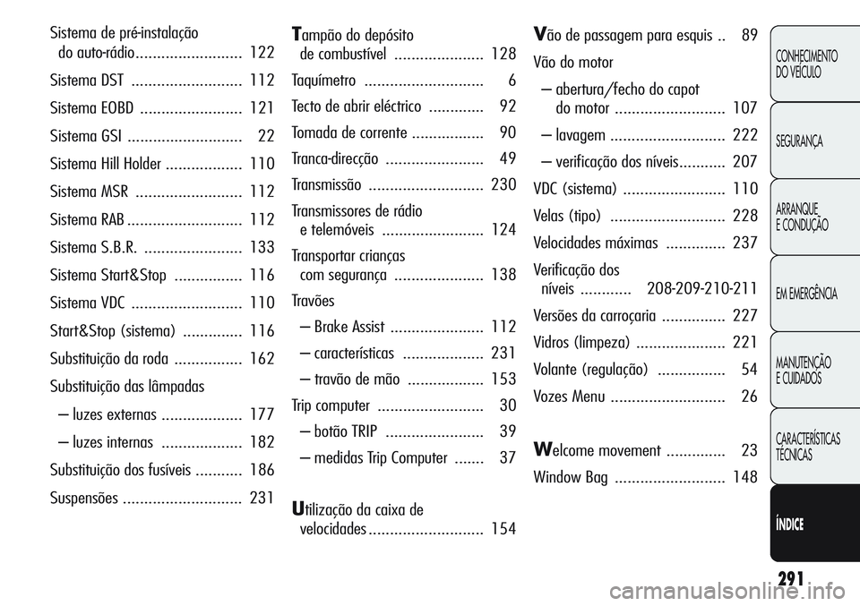 Alfa Romeo Giulietta 2011  Manual de Uso e Manutenção (in Portuguese) 291
CONHECIMENTO
DO VEÍCULO
SEGURANÇA
ARRANQUE
E CONDUÇÃO
EM EMERGÊNCIA
MANUTENÇÃO
E CUIDADOS
CARACTERÍSTICAS
TÉCNICAS
ÍNDICE
Sistema de pré-instalação 
do auto-rádio....................