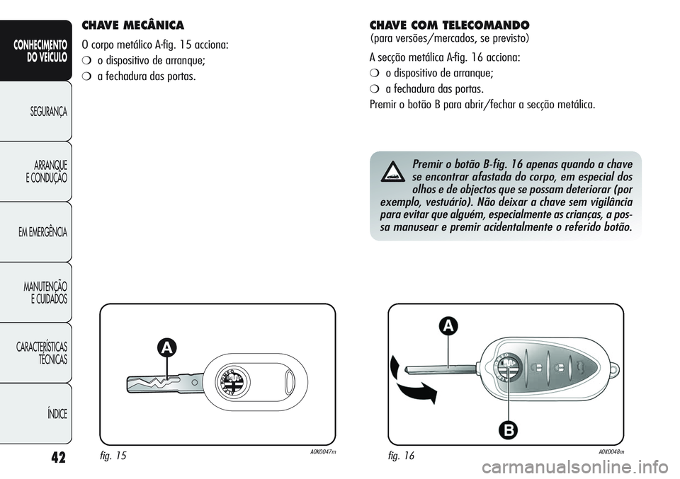 Alfa Romeo Giulietta 2012  Manual de Uso e Manutenção (in Portuguese) 42
CONHECIMENTO
DO VEÍCULO
SEGURANÇA
ARRANQUE
E CONDUÇÃO
EM EMERGÊNCIA
MANUTENÇÃO
E CUIDADOS
CARACTERÍSTICAS
TÉCNICAS
ÍNDICE
CHAVE MECÂNICA 
O corpo metálico A-fig. 15 acciona:
❍o dispos