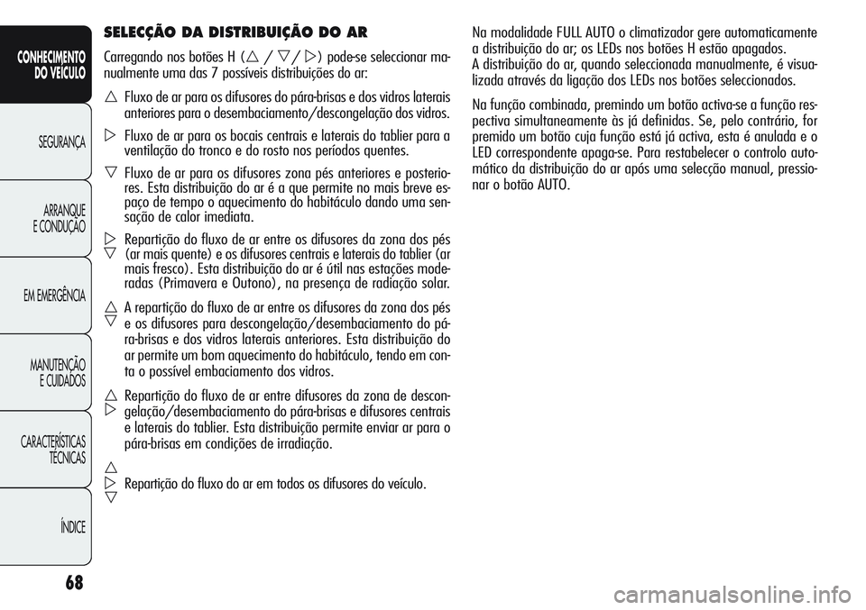 Alfa Romeo Giulietta 2011 Manual de Uso e Manutenção (in Portuguese) 68
CONHECIMENTO
DO VEÍCULO
SEGURANÇA
ARRANQUE
E CONDUÇÃO
EM EMERGÊNCIA
MANUTENÇÃO
E CUIDADOS
CARACTERÍSTICAS
TÉCNICAS
ÍNDICE
Na modalidade FULL AUTO o climatizador gere automaticamente
a dis Alfa Romeo Giulietta 2011 Manual de Uso e Manutenção (in Portuguese) 68
CONHECIMENTO
DO VEÍCULO
SEGURANÇA
ARRANQUE
E CONDUÇÃO
EM EMERGÊNCIA
MANUTENÇÃO
E CUIDADOS
CARACTERÍSTICAS
TÉCNICAS
ÍNDICE
Na modalidade FULL AUTO o climatizador gere automaticamente
a dis