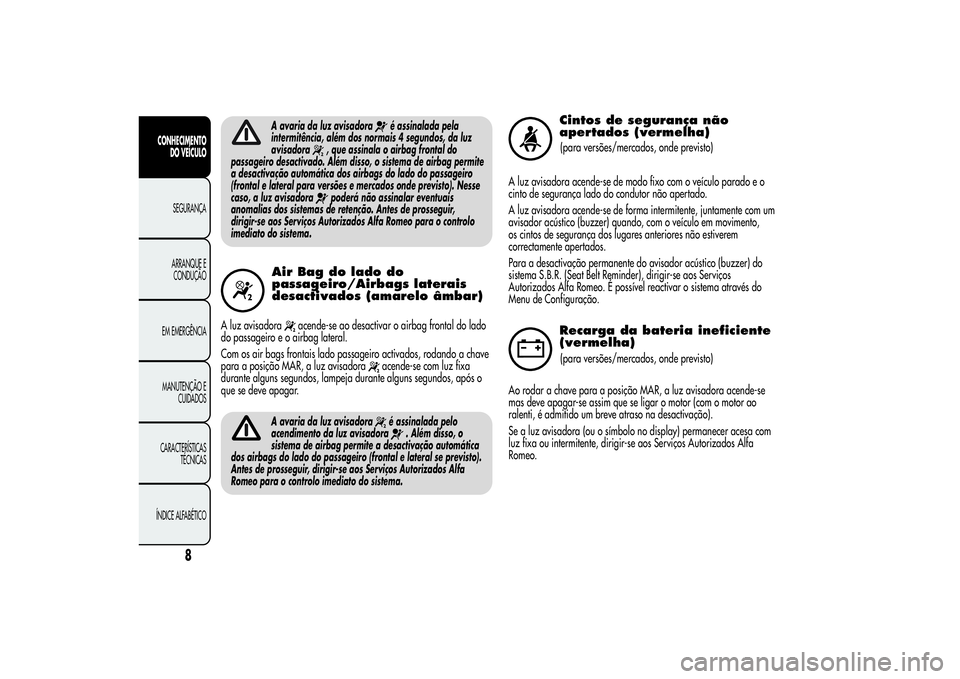 Alfa Romeo Giulietta 2013 Manual de Uso e Manutenção (in Portuguese) A avaria da luz avisadora
é assinalada pela
intermitência, além dos normais 4 segundos, da luz
avisadora
, que assinala o airbag frontal do
passageiro desactivado. Além disso, o sistema de airbag Alfa Romeo Giulietta 2013 Manual de Uso e Manutenção (in Portuguese) A avaria da luz avisadora
é assinalada pela
intermitência, além dos normais 4 segundos, da luz
avisadora
, que assinala o airbag frontal do
passageiro desactivado. Além disso, o sistema de airbag