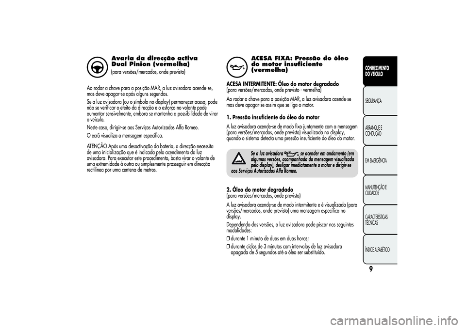 Alfa Romeo Giulietta 2013 Manual de Uso e Manutenção (in Portuguese) Avaria da direcção activa
Dual Pinion (vermelha)(para versões/mercados, onde previsto)
Ao rodar a chave para a posição MAR, a luz avisadora acende-se,
mas deve apagar-se após alguns segundos.
Se Alfa Romeo Giulietta 2013 Manual de Uso e Manutenção (in Portuguese) Avaria da direcção activa
Dual Pinion (vermelha)(para versões/mercados, onde previsto)
Ao rodar a chave para a posição MAR, a luz avisadora acende-se,
mas deve apagar-se após alguns segundos.
Se