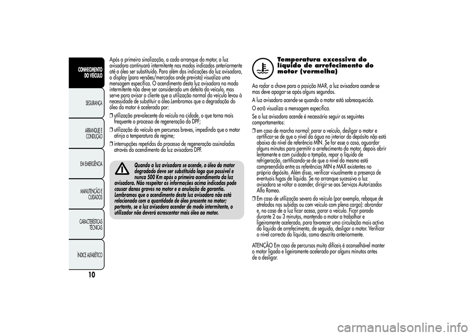 Alfa Romeo Giulietta 2013 Manual de Uso e Manutenção (in Portuguese) Após a primeira sinalização, a cada arranque do motor, a luz
avisadora continuará intermitente nos modos indicados anteriormente
até o óleo ser substituído. Para além das indicações da luz a Alfa Romeo Giulietta 2013 Manual de Uso e Manutenção (in Portuguese) Após a primeira sinalização, a cada arranque do motor, a luz
avisadora continuará intermitente nos modos indicados anteriormente
até o óleo ser substituído. Para além das indicações da luz a