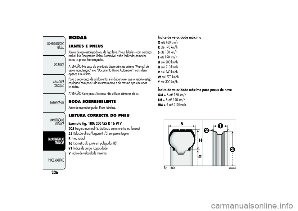 Alfa Romeo Giulietta 2013 Manual de Uso e Manutenção (in Portuguese) RODASJANTES E PNEUSJantes de aço estampado ou de liga leve. Pneus Tubeless com carcaça
radial. No Documento Único Automóvel estão indicados também
todos os pneus homologados.
ATENÇÃO No caso d Alfa Romeo Giulietta 2013 Manual de Uso e Manutenção (in Portuguese) RODASJANTES E PNEUSJantes de aço estampado ou de liga leve. Pneus Tubeless com carcaça
radial. No Documento Único Automóvel estão indicados também
todos os pneus homologados.
ATENÇÃO No caso d