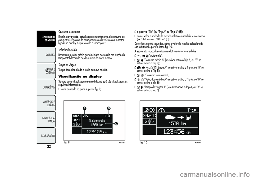 Alfa Romeo Giulietta 2013 Manual de Uso e Manutenção (in Portuguese) Consumo instantâneo
Exprime a variação, actualizada constantemente, de consumo do
combustível. Em caso de estacionamento do veículo com o motor
ligado no display é apresentada a indicação “- Alfa Romeo Giulietta 2013 Manual de Uso e Manutenção (in Portuguese) Consumo instantâneo
Exprime a variação, actualizada constantemente, de consumo do
combustível. Em caso de estacionamento do veículo com o motor
ligado no display é apresentada a indicação “-