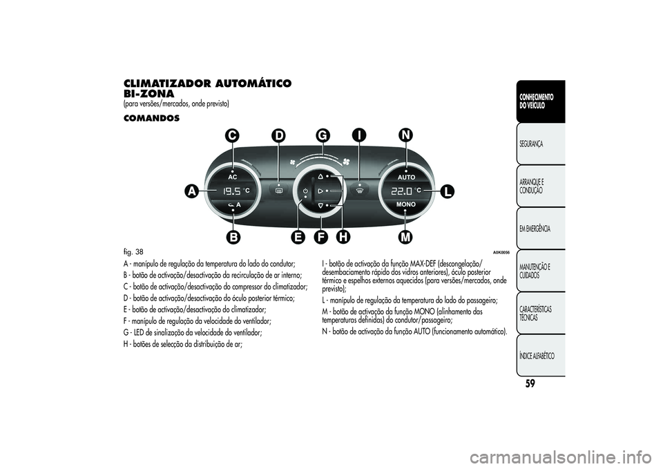 Alfa Romeo Giulietta 2013 Manual de Uso e Manutenção (in Portuguese) CLIMATIZADOR AUTOMÁTICO
BI-ZONA(para versões/mercados, onde previsto)COMANDOSA - manípulo de regulação da temperatura do lado do condutor;
B - botão de activação/desactivação da recirculaç Alfa Romeo Giulietta 2013 Manual de Uso e Manutenção (in Portuguese) CLIMATIZADOR AUTOMÁTICO
BI-ZONA(para versões/mercados, onde previsto)COMANDOSA - manípulo de regulação da temperatura do lado do condutor;
B - botão de activação/desactivação da recirculaç