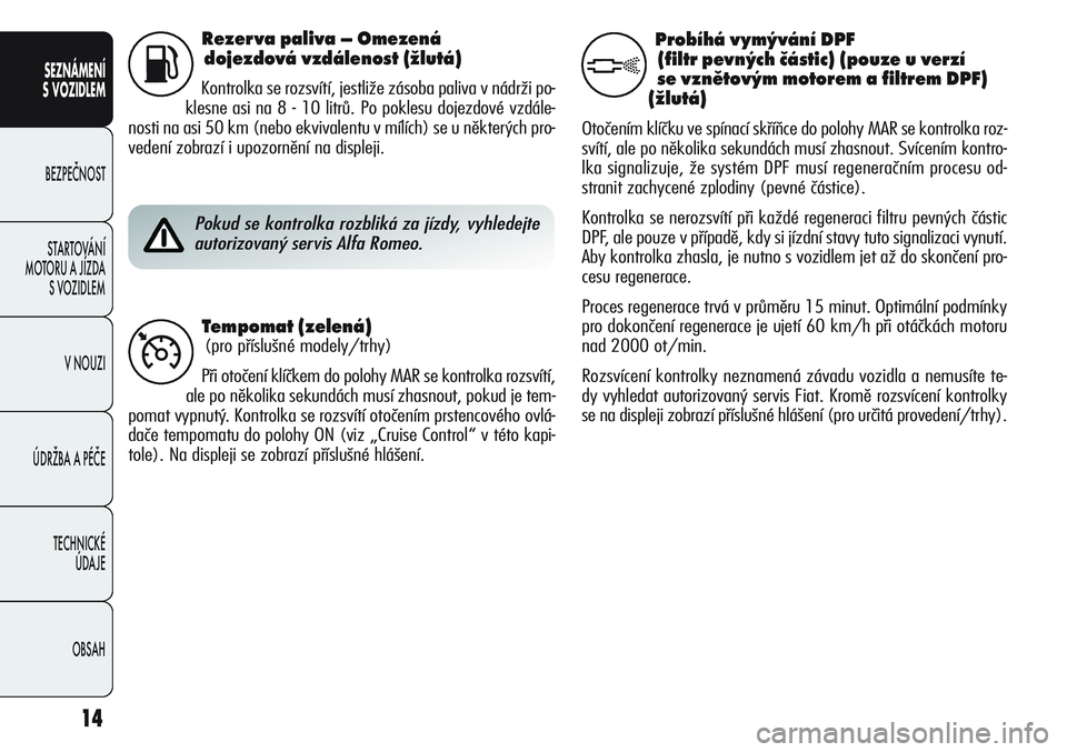 Alfa Romeo Giulietta 2012  Návod k použití a údržbě (in Czech) 14
SEZNÁMENÍ
S VOZIDLEM
BEZPEČNOST
STARTOVÁNÍ 
MOTORU A JÍZDA 
S VOZIDLEM
V NOUZI
ÚDRŽBA A PÉČE
TECHNICKÉ 
ÚDAJE
OBSAH
Re ze rva  pa li va  – Ome zená 
do jez dová  vzdále nost  (žlu