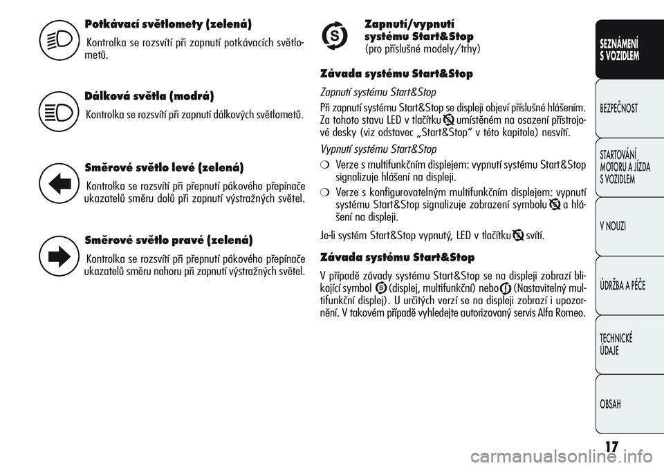 Alfa Romeo Giulietta 2012  Návod k použití a údržbě (in Czech) 17
SEZNÁMENÍ
S VOZIDLEM
BEZPEČNOST
STARTOVÁNÍ 
MOTORU A JÍZDA 
S VOZIDLEM
V NOUZI
ÚDRŽBA A PÉČE
TECHNICKÉ 
ÚDAJE
OBSAH
Potkávací světlomety (zelená)
Kontrolka se rozsvítí při zapnut