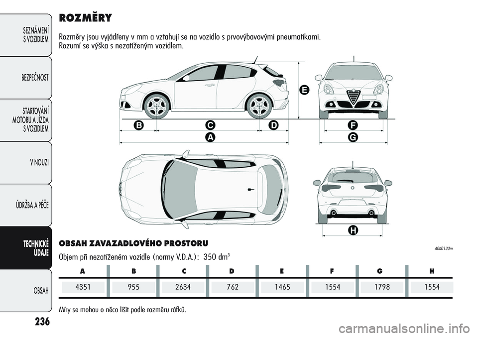 Alfa Romeo Giulietta 2012 Návod k použití a údržbě (in Czech) ABCDEFGH
236
SEZNÁMENÍ
SVOZIDLEM
BEZPEČNOST
STARTOVÁNÍ
MOTORU A JÍZDA
SVOZIDLEM
VNOUZI
ÚDRŽBA A PÉČE
TECHNICKÉ
ÚDAJE
OBSAH
ROZMĚRY
Rozměry jsou vyjádřeny v mm a vztahují se na vozidlo Alfa Romeo Giulietta 2012 Návod k použití a údržbě (in Czech) ABCDEFGH
236
SEZNÁMENÍ
SVOZIDLEM
BEZPEČNOST
STARTOVÁNÍ
MOTORU A JÍZDA
SVOZIDLEM
VNOUZI
ÚDRŽBA A PÉČE
TECHNICKÉ
ÚDAJE
OBSAH
ROZMĚRY
Rozměry jsou vyjádřeny v mm a vztahují se na vozidlo