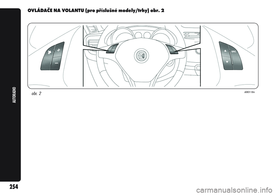 Alfa Romeo Giulietta 2012  Návod k použití a údržbě (in Czech) 254
AUTORADIO
obr. 2A0K0118m
OVLÁDAČE NA VOLANTU (pro příslušné modely/trhy) obr. 2 