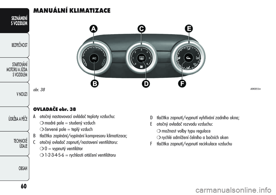Alfa Romeo Giulietta 2011  Návod k použití a údržbě (in Czech) 60
SEZNÁMENÍ
S VOZIDLEM
BEZPEČNOST
STARTOVÁNÍ 
MOTORU A JÍZDA 
S VOZIDLEM
V NOUZI
ÚDRŽBA A PÉČE
TECHNICKÉ 
ÚDAJE
OBSAH
MANUÁLNÍ KLIMATIZACE
OVLADAČE obr. 38
A otočný nastavovací ovl�