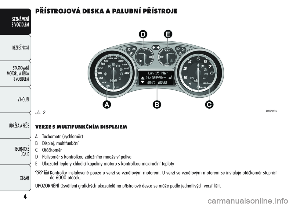 Alfa Romeo Giulietta 2011  Návod k použití a údržbě (in Czech) 4
SEZNÁMENÍ
S VOZIDLEM
BEZPEČNOST
STARTOVÁNÍ 
MOTORU A JÍZDA 
S VOZIDLEM
V NOUZI
ÚDRŽBA A PÉČE
TECHNICKÉ 
ÚDAJE
OBSAH
PŘÍSTROJOVÁ DESKA A PALUBNÍ PŘÍSTROJE
VERZE S MULTIFUNKČNÍM DI