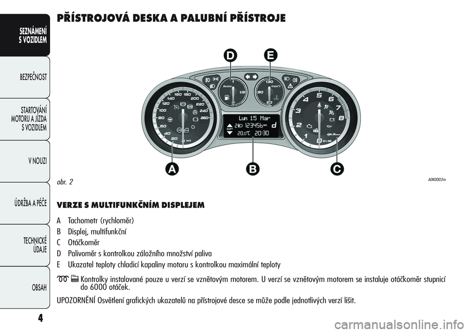 Alfa Romeo Giulietta 2011 Návod k použití a údržbě (in Czech) 4
SEZNÁMENÍ
S VOZIDLEM
BEZPEČNOST
STARTOVÁNÍ
MOTORU A JÍZDA
S VOZIDLEM
V NOUZI
ÚDRŽBA A PÉČE
TECHNICKÉ
ÚDAJE
OBSAH
PŘÍSTROJOVÁ DESKA A PALUBNÍ PŘÍSTROJE
VERZE S MULTIFUNKČNÍM DI Alfa Romeo Giulietta 2011 Návod k použití a údržbě (in Czech) 4
SEZNÁMENÍ
S VOZIDLEM
BEZPEČNOST
STARTOVÁNÍ
MOTORU A JÍZDA
S VOZIDLEM
V NOUZI
ÚDRŽBA A PÉČE
TECHNICKÉ
ÚDAJE
OBSAH
PŘÍSTROJOVÁ DESKA A PALUBNÍ PŘÍSTROJE
VERZE S MULTIFUNKČNÍM DI