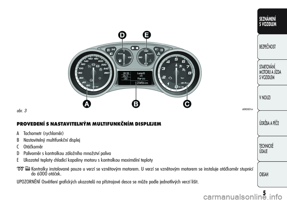 Alfa Romeo Giulietta 2012  Návod k použití a údržbě (in Czech) 5
SEZNÁMENÍ
S VOZIDLEM
BEZPEČNOST
STARTOVÁNÍ 
MOTORU A JÍZDA 
S VOZIDLEM
V NOUZI
ÚDRŽBA A PÉČE
TECHNICKÉ 
ÚDAJE
OBSAH
PROVEDENÍ S NASTAVITELNÝM MULTIFUNKČNÍM DISPLEJEM
A Tachometr (ryc