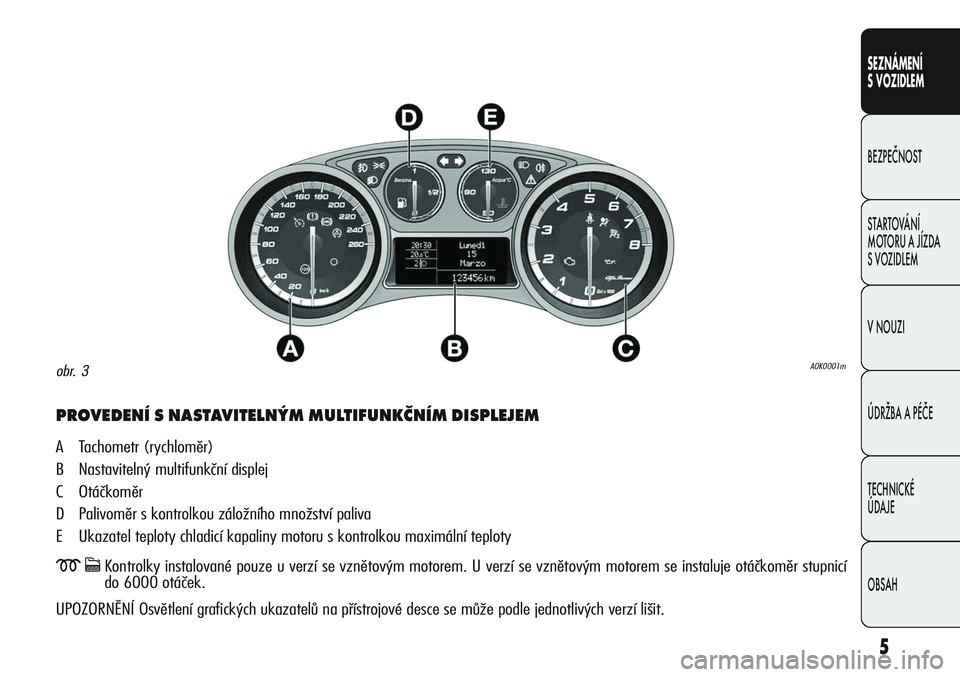 Alfa Romeo Giulietta 2011 Návod k použití a údržbě (in Czech) 5
SEZNÁMENÍ
S VOZIDLEM
BEZPEČNOST
STARTOVÁNÍ
MOTORU A JÍZDA
S VOZIDLEM
V NOUZI
ÚDRŽBA A PÉČE
TECHNICKÉ
ÚDAJE
OBSAH
PROVEDENÍ S NASTAVITELNÝM MULTIFUNKČNÍM DISPLEJEM
A Tachometr (ryc Alfa Romeo Giulietta 2011 Návod k použití a údržbě (in Czech) 5
SEZNÁMENÍ
S VOZIDLEM
BEZPEČNOST
STARTOVÁNÍ
MOTORU A JÍZDA
S VOZIDLEM
V NOUZI
ÚDRŽBA A PÉČE
TECHNICKÉ
ÚDAJE
OBSAH
PROVEDENÍ S NASTAVITELNÝM MULTIFUNKČNÍM DISPLEJEM
A Tachometr (ryc