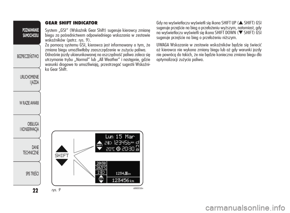 Alfa Romeo Giulietta 2010  Instrukcja obsługi (in Polish) 22
POZNAWANIE
SAMOCHODU
BEZPIECZEŃSTWO
URUCHOMIENIE
I JAZDA
W RAZIE AWARII
OBSŁUGA
I KONSERWACJA
DANE
TECHNICZNE
SPIS TREŚCI
GEAR SHIFT INDICATOR
System „GSI” (Wskaźnik Gear Shift) sugeruje ki