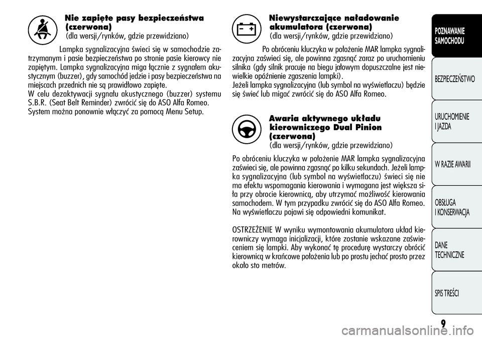 Alfa Romeo Giulietta 2011  Instrukcja obsługi (in Polish) 9
POZNAWANIE 
SAMOCHODU
BEZPIECZEŃSTWO
URUCHOMIENIE 
I JAZDA
W RAZIE AWARII
OBSŁUGA 
I KONSERWACJA
DANE 
TECHNICZNE
SPIS TREŚCI
Nie zapi´te pasy bezpieczeƒstwa
(czerwona)
(dla wersji/rynków, gdz