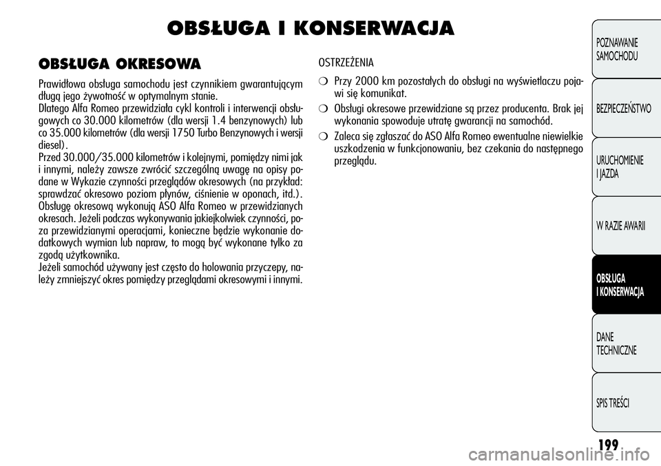 Alfa Romeo Giulietta 2012  Instrukcja obsługi (in Polish) 199
POZNAWANIE 
SAMOCHODU
BEZPIECZEŃSTWO
URUCHOMIENIE 
I JAZDA
W RAZIE AWARII
OBSŁUGA
I KONSERWACJA
DANE 
TECHNICZNE
SPIS TREŚCI
OBS¸UGA I KONSERWACJA
OSTRZEŻENIA 
❍Przy 2000 km pozostałych do