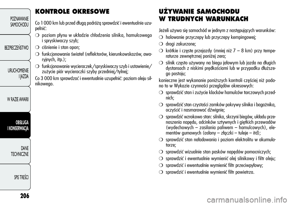 Alfa Romeo Giulietta 2012  Instrukcja obsługi (in Polish) 206
POZNAWANIE 
SAMOCHODU
BEZPIECZEŃSTWO
URUCHOMIENIE 
I JAZDA
W RAZIE AWARII
OBSŁUGA
I KONSERWACJA
DANE 
TECHNICZNE
SPIS TREŚCI
KONTROLE OKRESOWE
Co 1 000 km lub przed długą podróżą sprawdzi