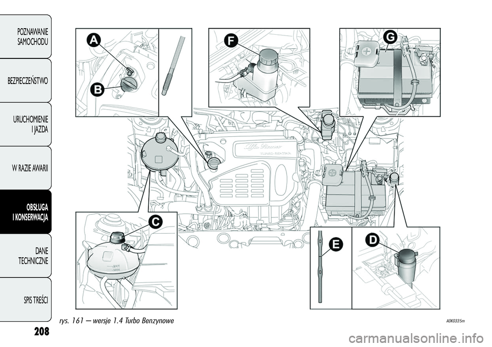 Alfa Romeo Giulietta 2012  Instrukcja obsługi (in Polish) 208
POZNAWANIE 
SAMOCHODU
BEZPIECZEŃSTWO
URUCHOMIENIE 
I JAZDA
W RAZIE AWARII
OBSŁUGA
I KONSERWACJA
DANE 
TECHNICZNE
SPIS TREŚCI
rys. 161 -–wersje 1.4 Turbo BenzynoweA0K0335m 