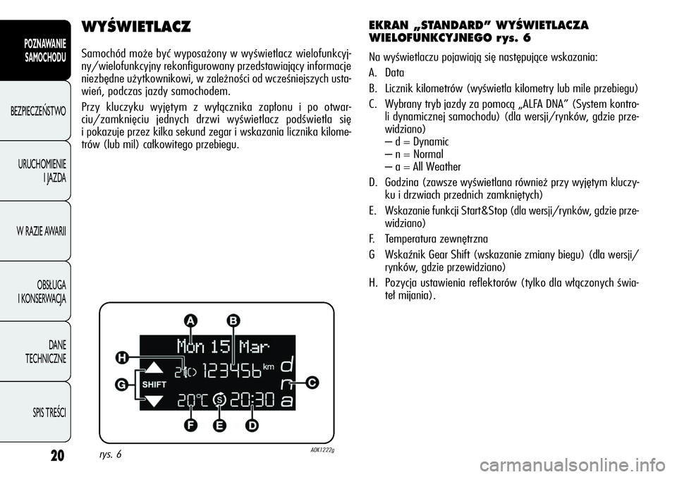 Alfa Romeo Giulietta 2012  Instrukcja obsługi (in Polish) 20
POZNAWANIE 
SAMOCHODU
BEZPIECZEŃSTWO
URUCHOMIENIE 
I JAZDA
W RAZIE AWARII
OBSŁUGA 
I KONSERWACJA
DANE 
TECHNICZNE
SPIS TREŚCI
WYÂWIETLACZ
Samochód może być wyposażony w wyświetlacz wielofu