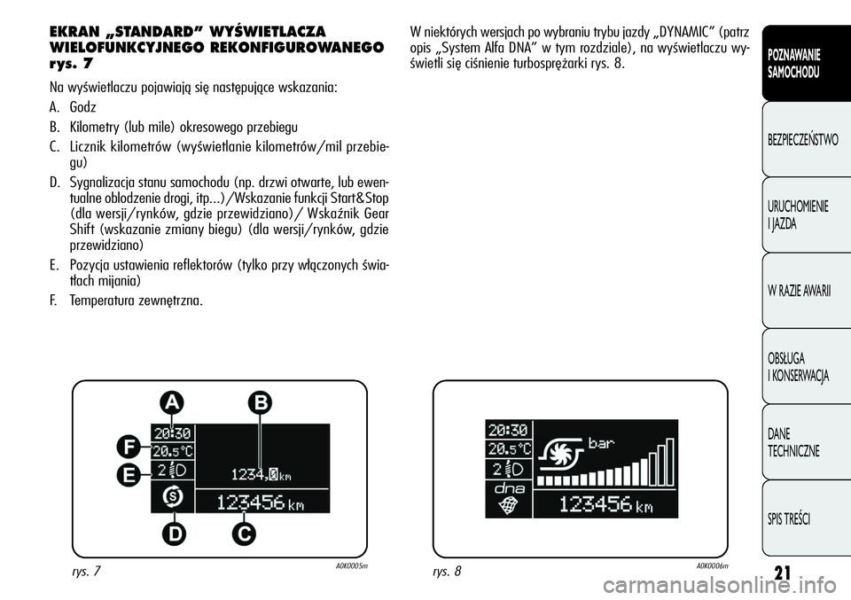 Alfa Romeo Giulietta 2012  Instrukcja obsługi (in Polish) 21
POZNAWANIE 
SAMOCHODU
BEZPIECZEŃSTWO
URUCHOMIENIE 
I JAZDA
W RAZIE AWARII
OBSŁUGA 
I KONSERWACJA
DANE 
TECHNICZNE
SPIS TREŚCI
EKRAN „STANDARD” WYÂWIETLACZA
WIELOFUNKCYJNEGO REKONFIGUROWANEG