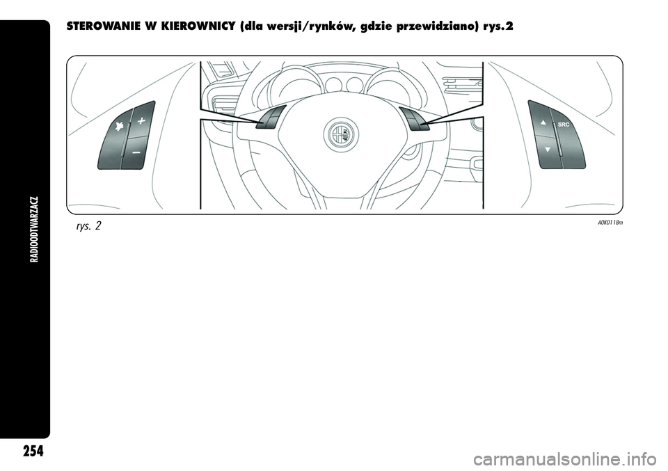 Alfa Romeo Giulietta 2012 Instrukcja obsługi (in Polish) rys. 2A0K0118m
STEROWANIE W KIEROWNICY (dla wersji/r ynków, gdzie przewidziano) r ys.2
RADIOODTWARZACZ
254 Alfa Romeo Giulietta 2012 Instrukcja obsługi (in Polish) rys. 2A0K0118m
STEROWANIE W KIEROWNICY (dla wersji/r ynków, gdzie przewidziano) r ys.2
RADIOODTWARZACZ
254
